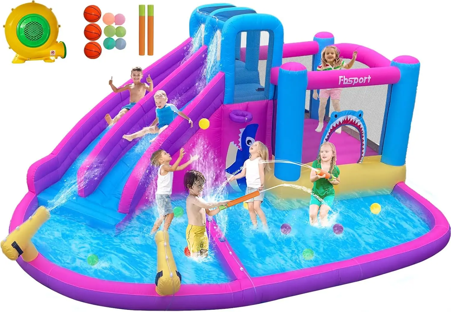 

Twin Water Slides Inflatable Bounce House for Kids, Includes Ball Pit, Water Cannon, Climbing Wall – Children's Bouncy Castle with 550W Air Blower for Backyard, Indoor & Outdoor Use