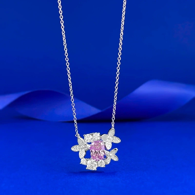 

S925 Silver Butterfly Fairy Pink Purple Diamond Necklace Collarbone Chain