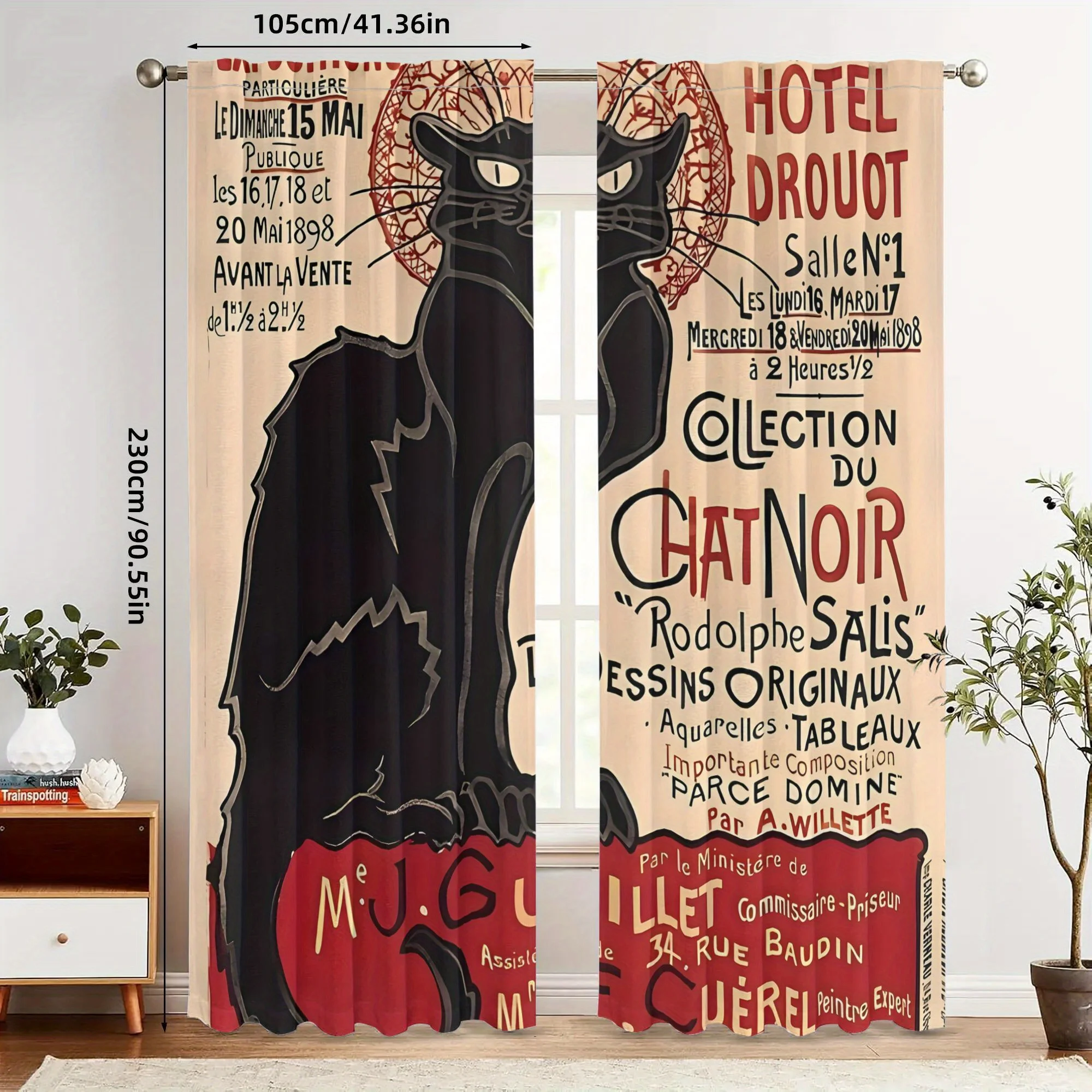 French Parisian Cat Art Curtains Boho Chic Polyester Window Drapes for Living Room Bedroom Bohemian Graffiti Style Decor