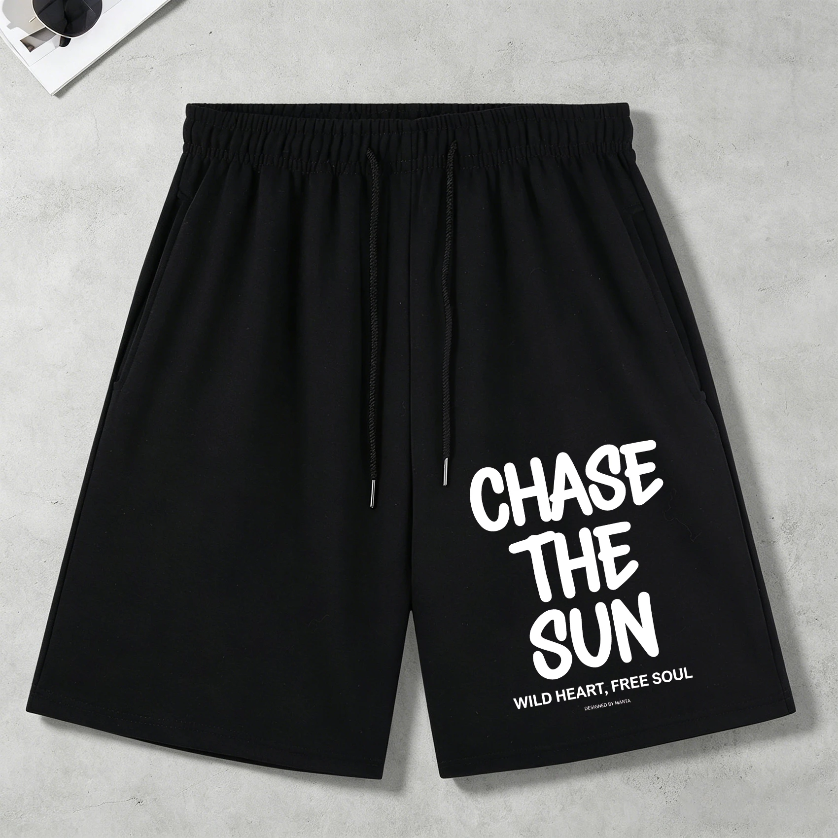 Chase The Sun Wild Printed Retro Men Pants Trendy Drawstring Shorts Hip Hop Black Wide-Leg Pants Unisex Loose Short Sleeve