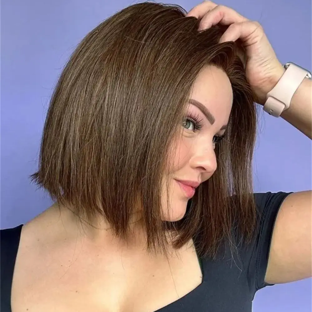 

Chocolate Brown Straight Bob Wig Synthetic Lace Front Wig Highlight PrePlucked Hairline Glueless Short HD Lace Front Wig