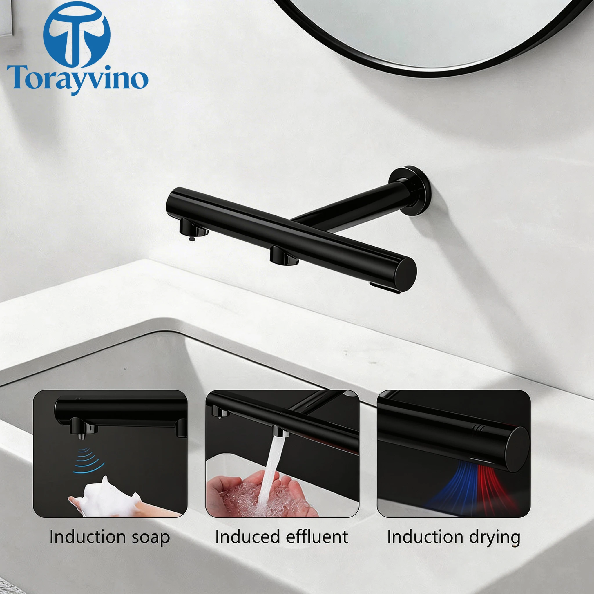 Torayvino Black Gray 3-in-1 Bathroom Faucet Automatic Sensor Soap Dispense Water Tap Sink Faucet Wall Mounted Drying Machine