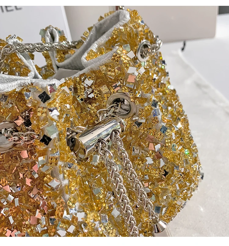 Luxury Designer Glitter Shiny Sequined Evening Clutch Bag Wedding Party Bucket Purse Women\'s Handbag Shoulder Messenger Bag