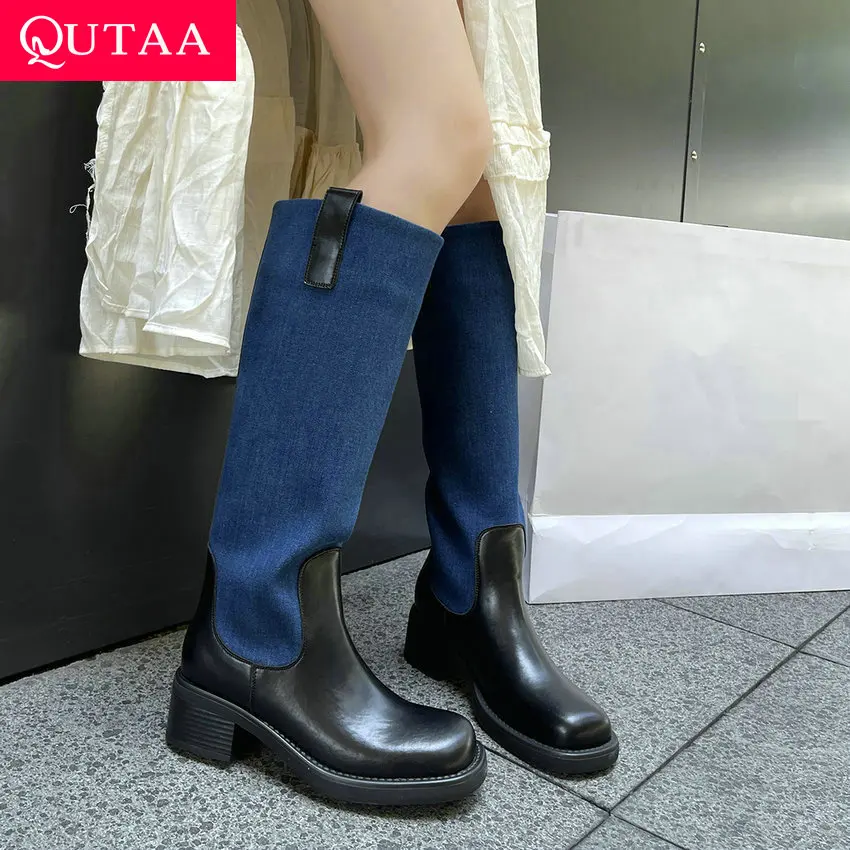 

QUTAA 2024 Women Knee High Boots Autumn Winter Fashion Genuine Leather Splicing Med Heels Casual Shoes Woman Size 34-39