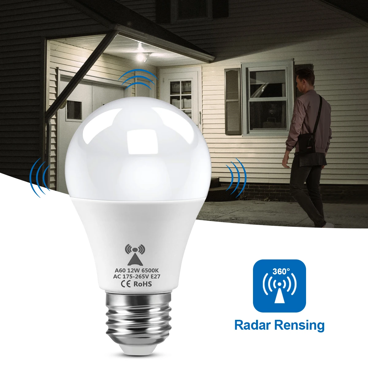 220V LED Lamp White Lights E27 Radar Motion Sensor Light Bulb Doorway Aisle Stair Balcony Human Body Sensor Night Lighting
