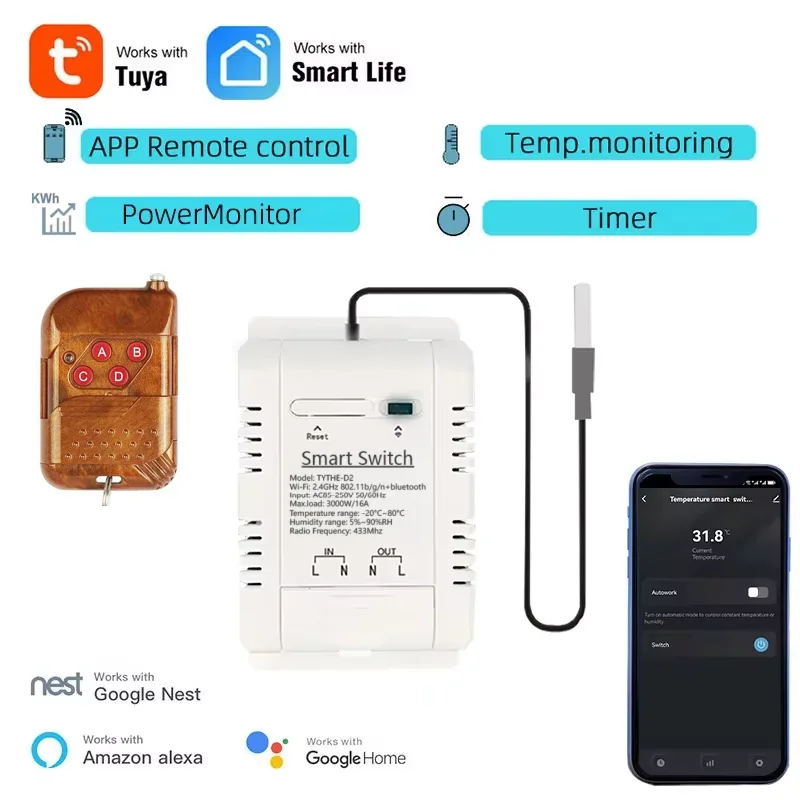 Inteligentny wyłącznik temperatury i wilgotności Tuya WiFi 16A/20A z czujnikiem termostatu, zdalnym sterowaniem RF i monitorowaniem zużycia energii do akwarium i magazynu.