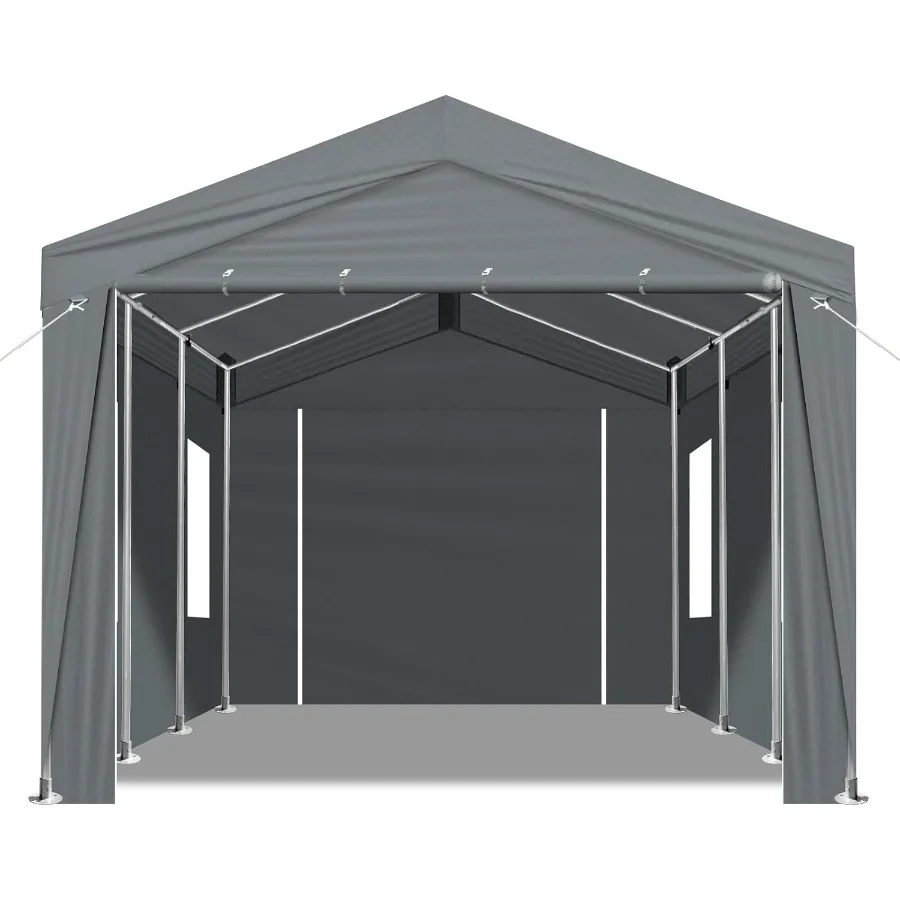Portable Garage For Outdoor Use, Heavy Duty Steel Frame, Gray, Roll-up Windows For Ventilation
