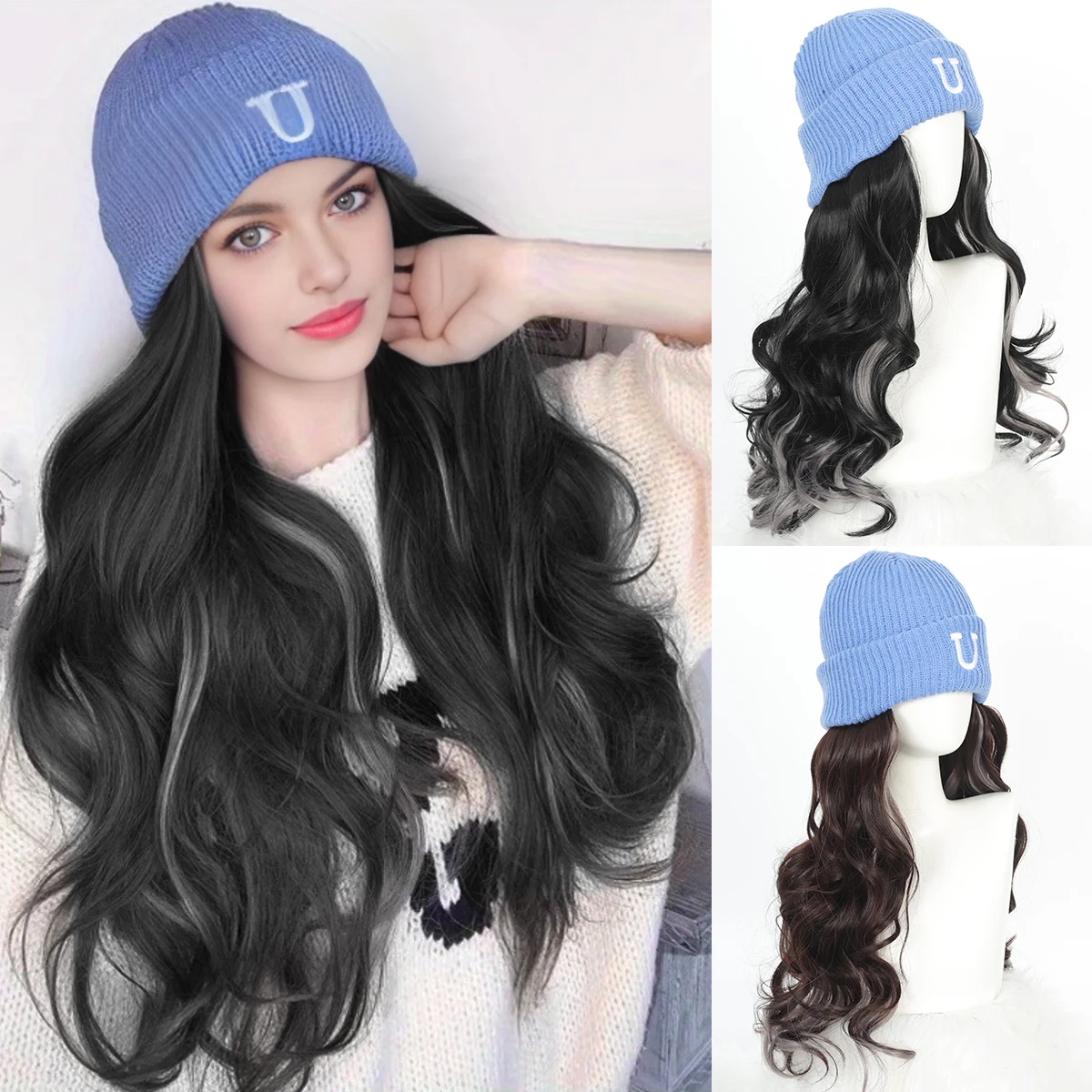 Synthetic Hat Wigs Blue Knit Hat With 18Inch Long Wavy Curly Hair Extensions Wig Warm Knitted Hat Wig For Women Winter