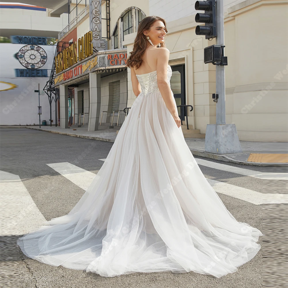 Sweet Deep-V Women abiti da sposa pizzo brillante senza maniche a-line abiti da sposa personalizzati banchetto di fidanzamento Vestidos De Novias