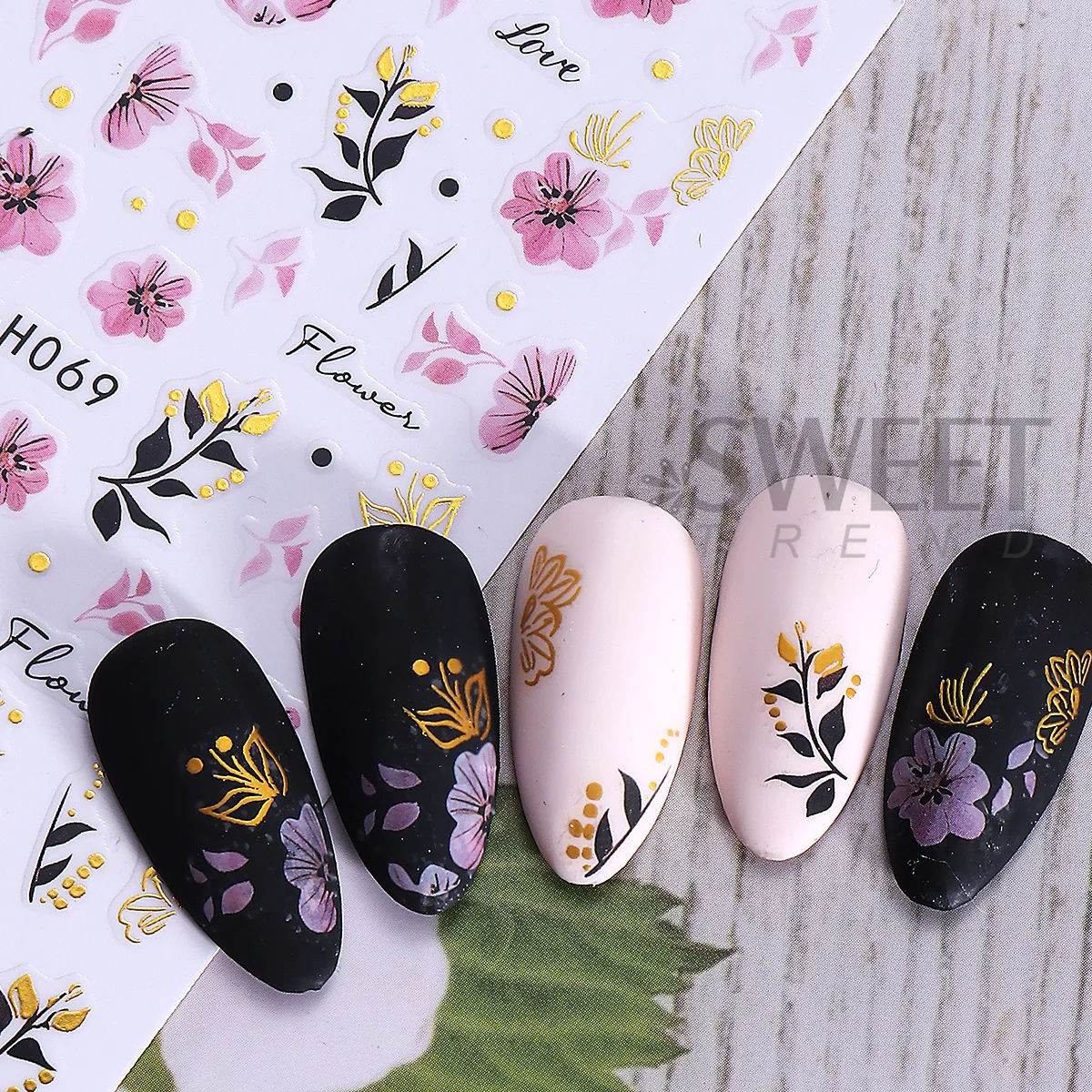 Autocollant pour Nail Art à fleurs roses élégantes, 2 pièces, feuilles florales métalliques dorées, autocollant adhésif, curseur de pétales de printemps, décor de manucure