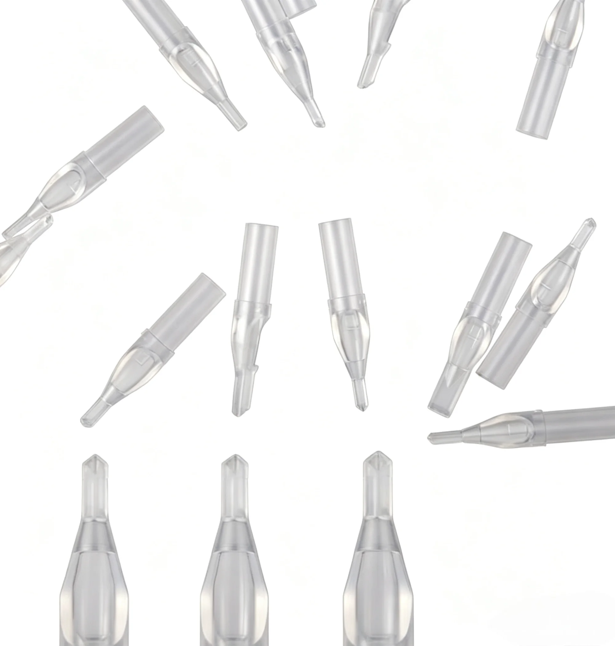 Sharp-Edge One-Time Tattoo Needle Tip With Constricted Opening, Row Of Needles With Round Mouth And Rhombus-Shaped Opening