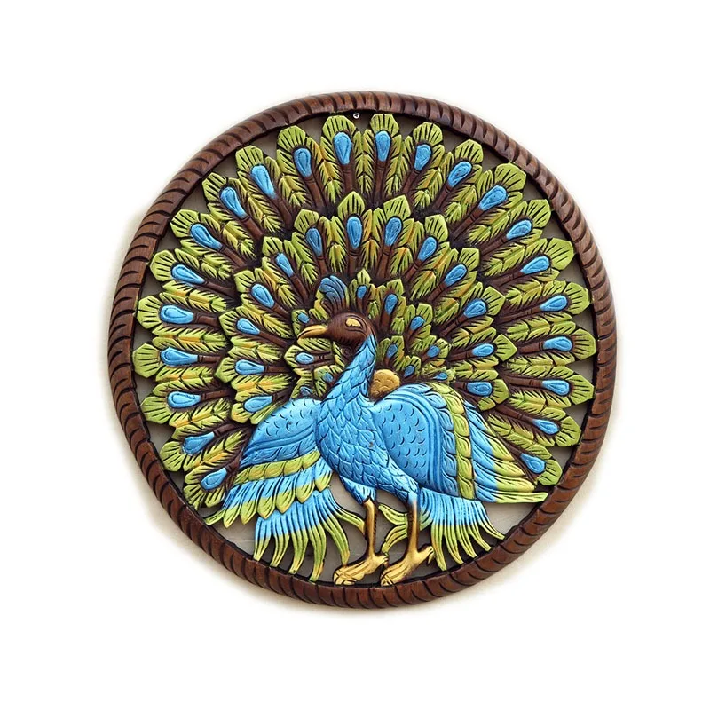 Solid wood wall South East Asia wood carving Thai teak hand-carved colorful peacock wall engraved board pendant wall