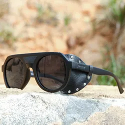 High-End Vintage Sunglasses Shield Unisex Size Round Steampunk Sunglasses Brand Fishing Goggles With Leather Cover