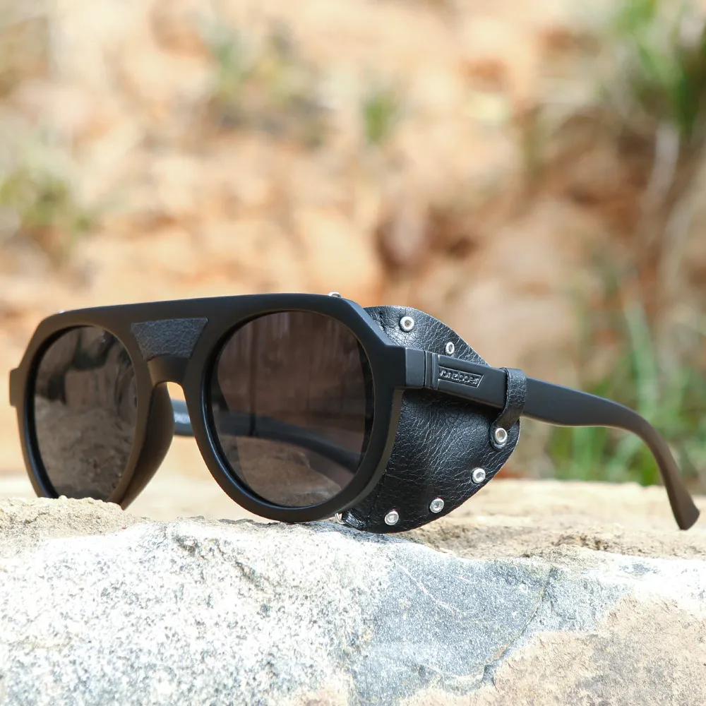 Wysokiej klasy okulary przeciwsłoneczne w stylu vintage, rozmiar unisex, okrągłe okulary przeciwsłoneczne w stylu steampunk, markowe gogle wędkarskie ze skórzaną osłoną