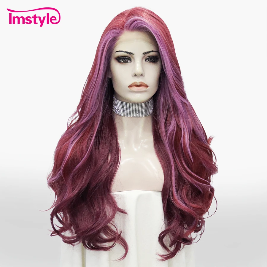 

Imstyle Розовый Парик Синтетический Парик Фронта Шнурка Выделите Длинные Натуральные Волнистые Парики Для Женщин Термостойкое Волокно Косплей Парик