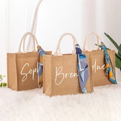 Personalized Bridesmaid Jute Tote Bags with Scarf Party Retro Beach Bag Bachelorette Gifts Girlfriend Gift for Her