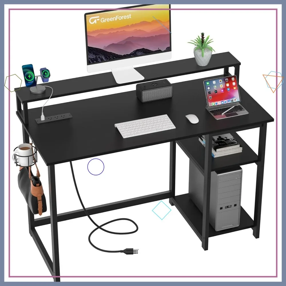 

40-Inch Computer Desk with Power Outlets, Ergonomic Monitor Stand, Reversible Gaming Desk for Home Office, Black