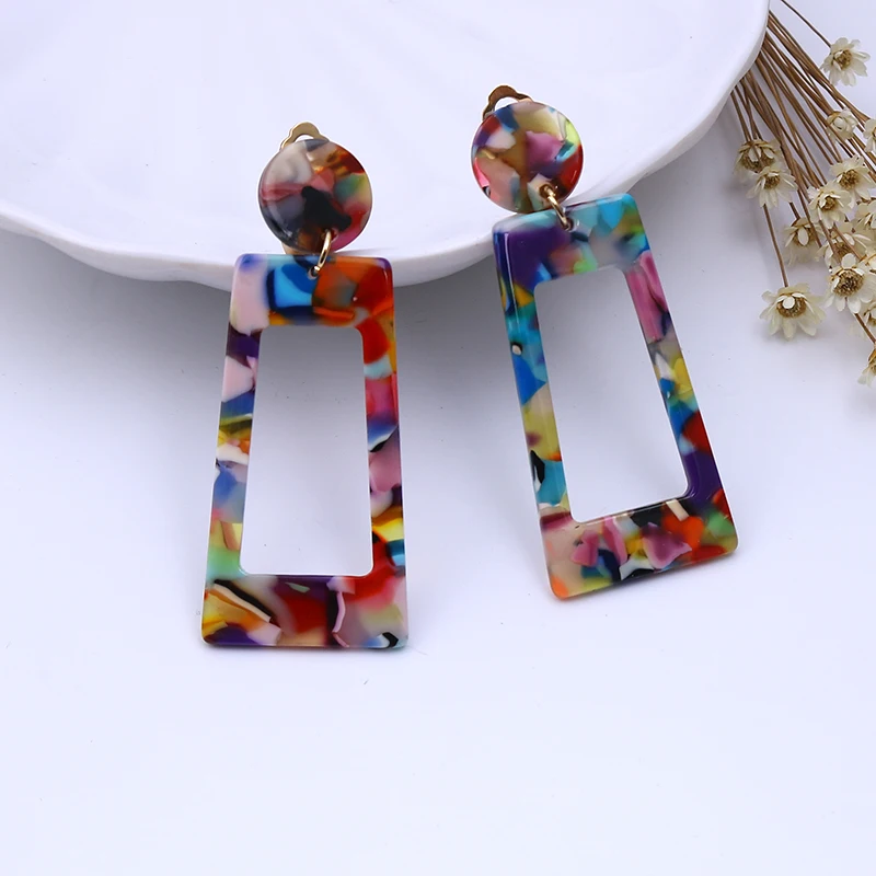 Fashion Tortoise Colorful Clip on Earrings Leopard Acrylic Long Geometric Square Circle Without Piercing Clips for Women