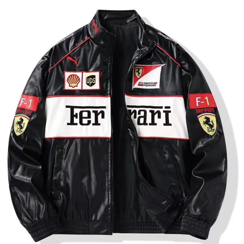 Per Ferrari SJ F1 Team Autunno Inverno Giacca Retro Moto Abbigliamento in pelle Giacca da baseball da corsa Uomo Casual Cappotto foderato in pile