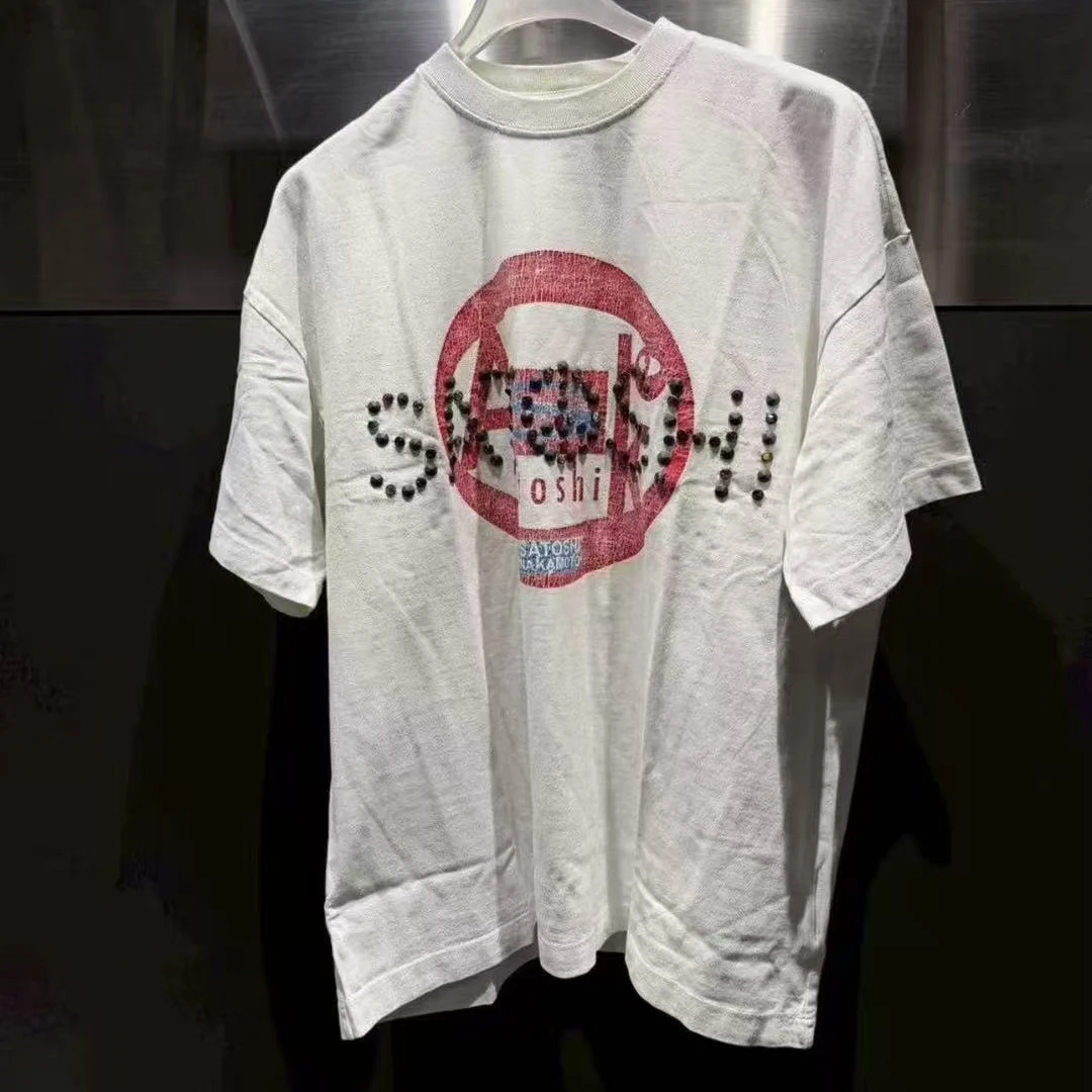 26SS Satoshi Nakamoto T-shirt Men's Multi-color Bead Letter Burst Pattern Print Washed Retro Loose Short Sleeve Streetwear
