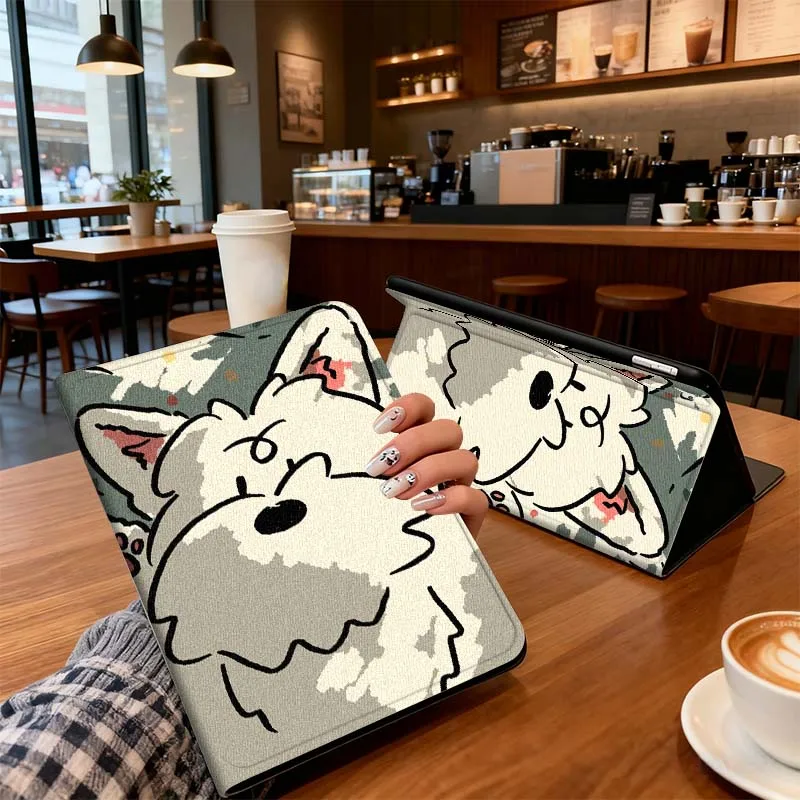 جرو أبيض على طراز الرسوم المتحركة لجهاز iPad Air Mini Pro 7 6 5 9.7 11 10.5 12.9 حافظة تابلت أوتوماتيكية للنوم/الاستيقاظ