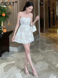 DEAT Elegant Dress Strapless Embroidery Jacquard Pattern Slim Waist Women's Evening Party Dresses 2024 Summer New Fashion 35Z567