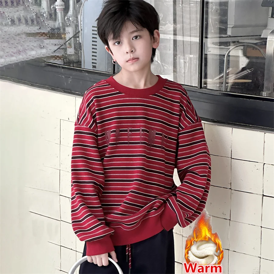 

New Winter Warm Children's Fleece Lined Striped Sweatshirt for Tweens Boy Casual Red Color Insulated Hoodie Kids Thick Coat
