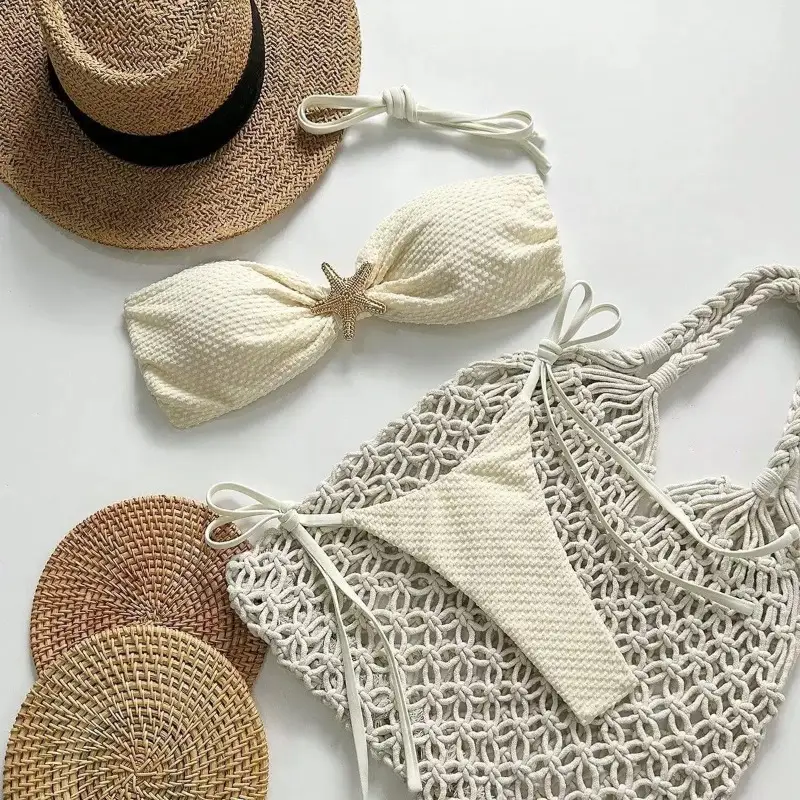 Maiô cor sólida biquíni europeu e americano sexy rendas até biquíni feminino pequeno fresco split praia estilo puro desejo maiô