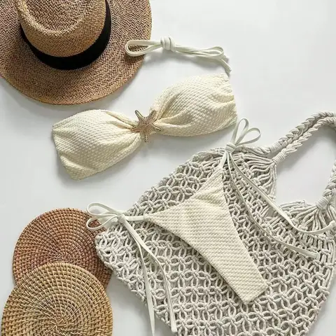 Swimsuit Solid Color Bikini European and American Sexy Lace Up Bikini Women's Small Fresh Split Beach Style Pure Desire Swimsuit