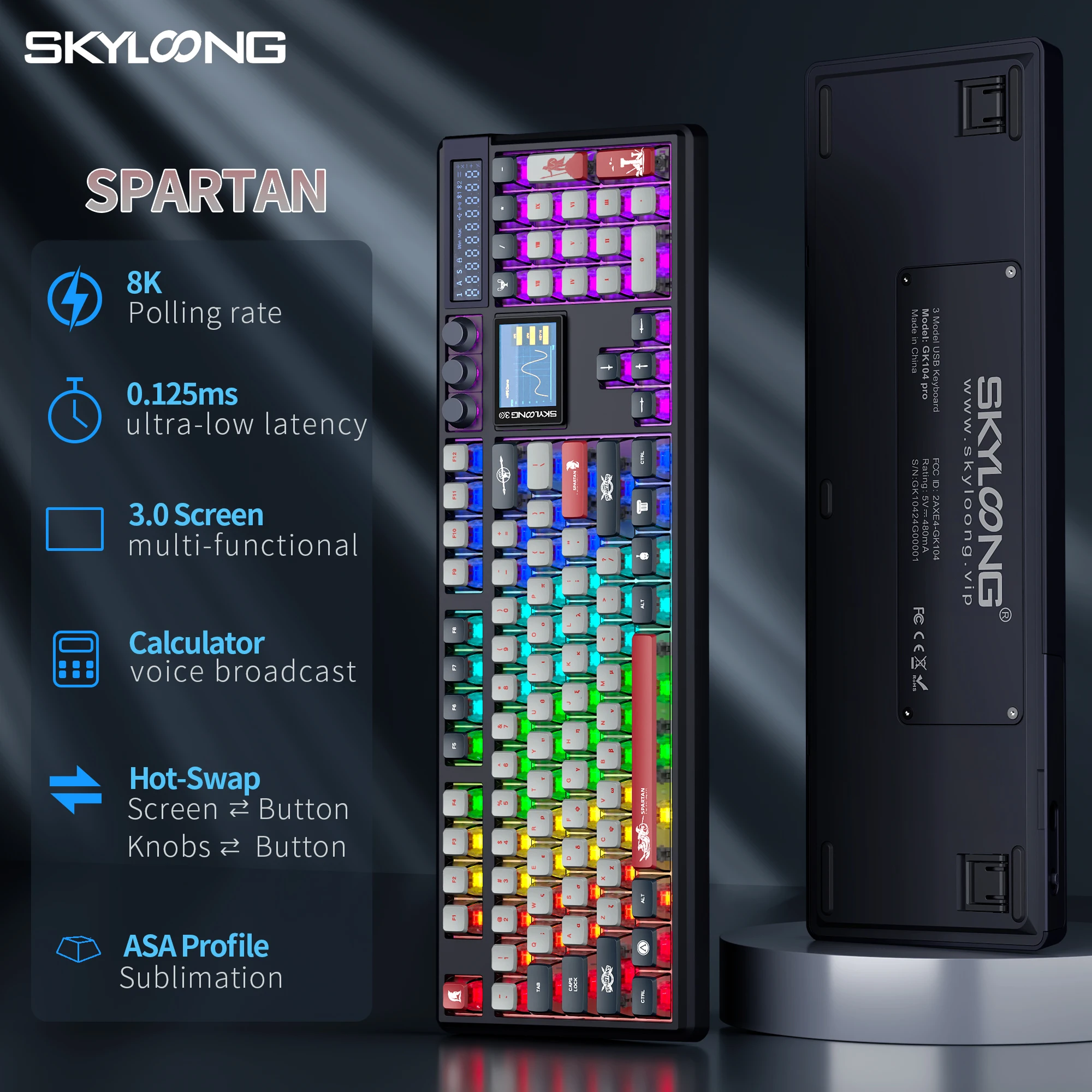 SKYLOONG GK104 Pro kabellose mechanische Tastatur in voller Größe mit geringer Latenz, 3 Modi, 3.0-Bildschirm, 3 Knöpfe, RGB-Hintergrundbeleuchtung, Hot-Swap-fähiger Stummschalter, seitlich gravierte 7