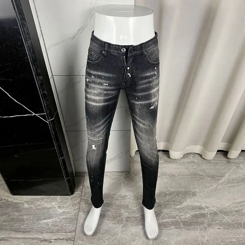 

European and American designer High Street Fashion men's black jeans ripple retro elastic tight jeans men's painted hip-hop bran