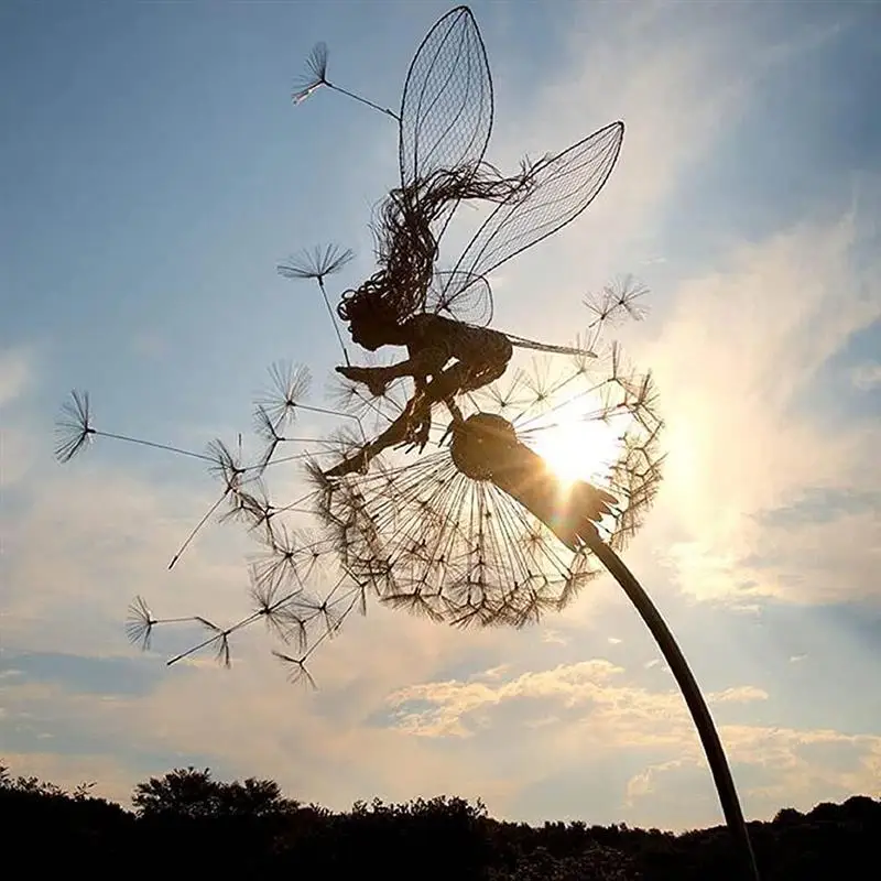 Garden Decorative Fairies and Dandelions Dance Together Metal Garden Yard Art Decor Lawn Landscape Sculpture Pixies Decoration