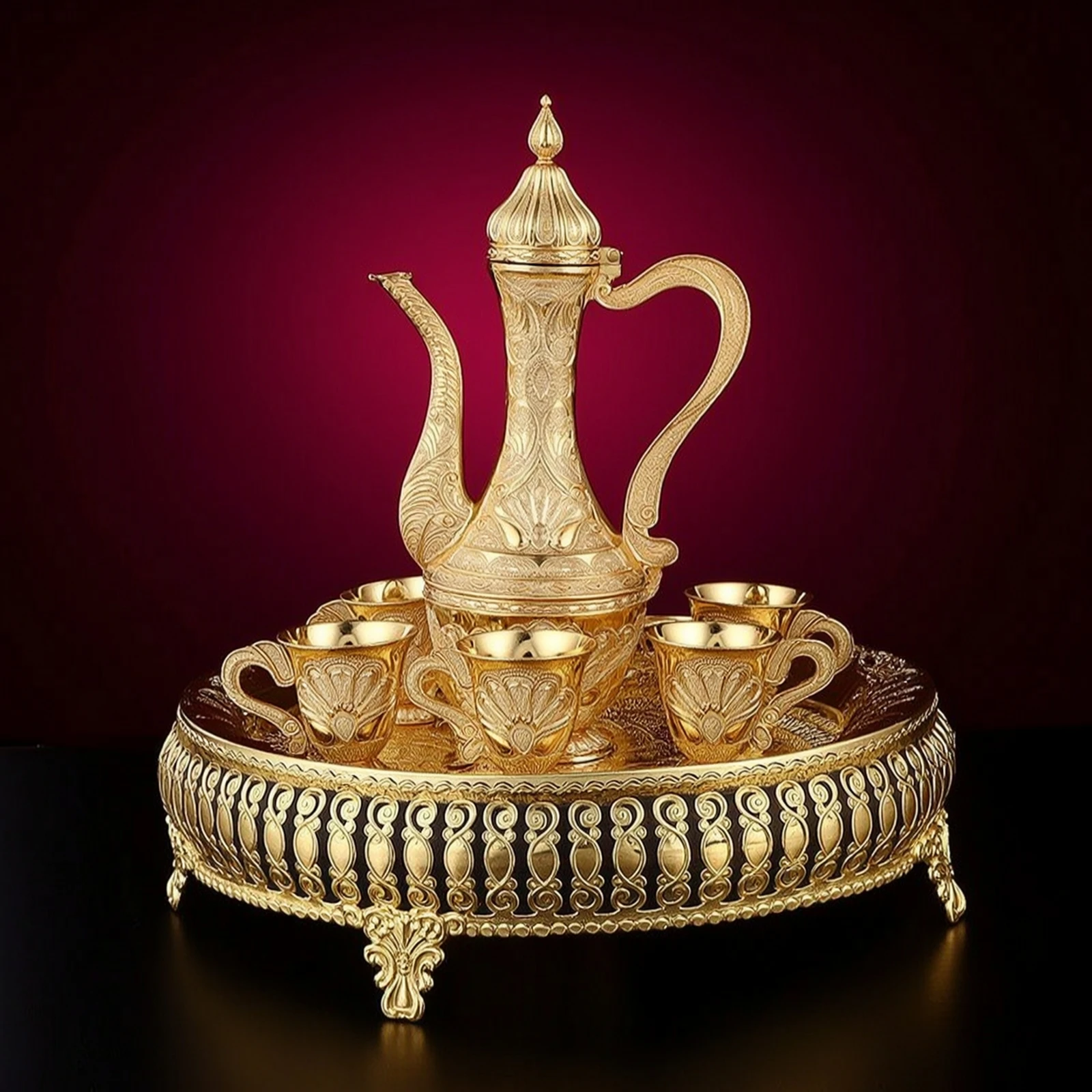 Tea Service with Tray Ornate Tea Set with Tray Turkish Coffee Set Embossed Drinkware Metallized for Collectors, Home Decor view 4