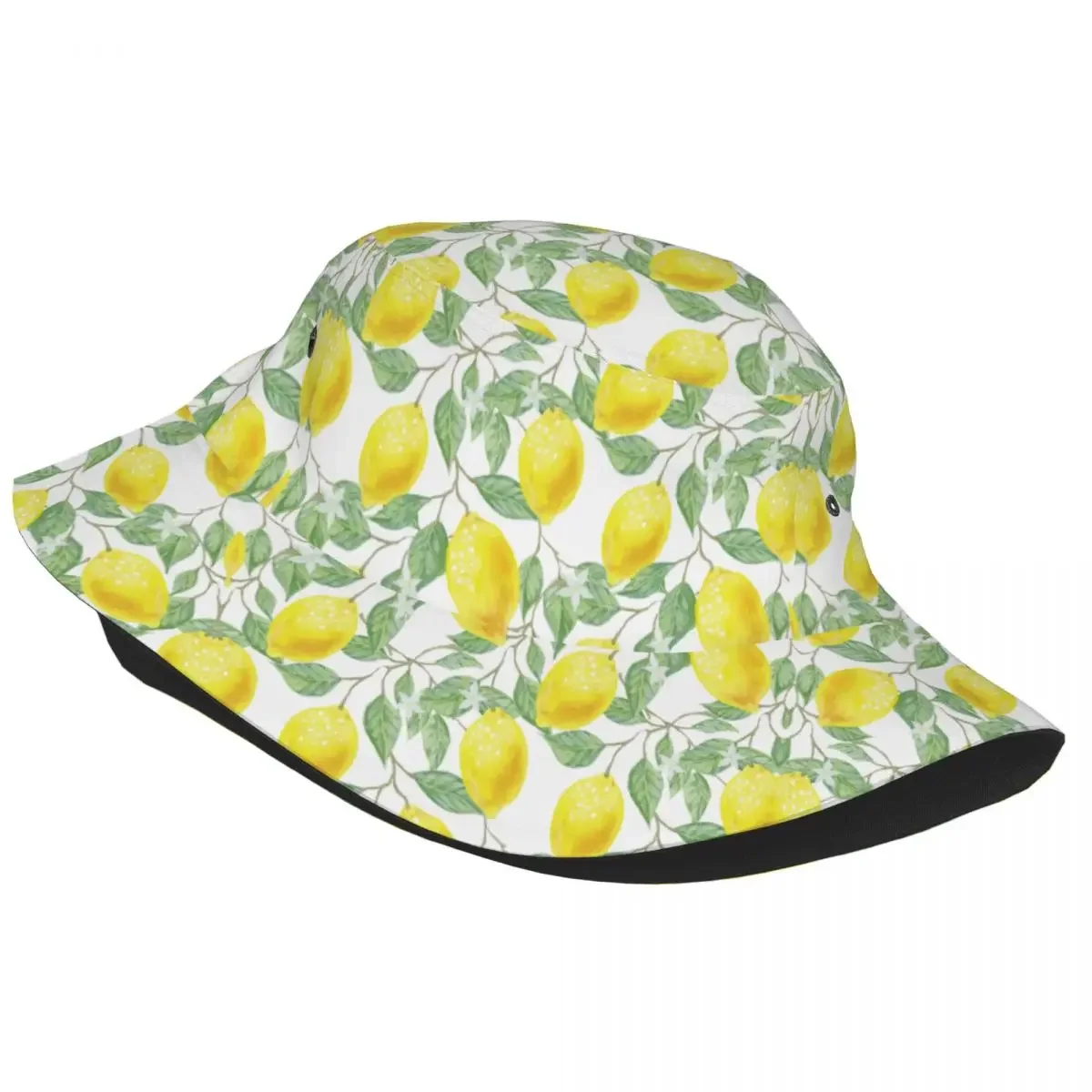 Watercolor Summer Lemon Pattern Lover Unisex Bucket Hats Custom Summer Beach Sun Botanical Art Citrus Fruit Hat