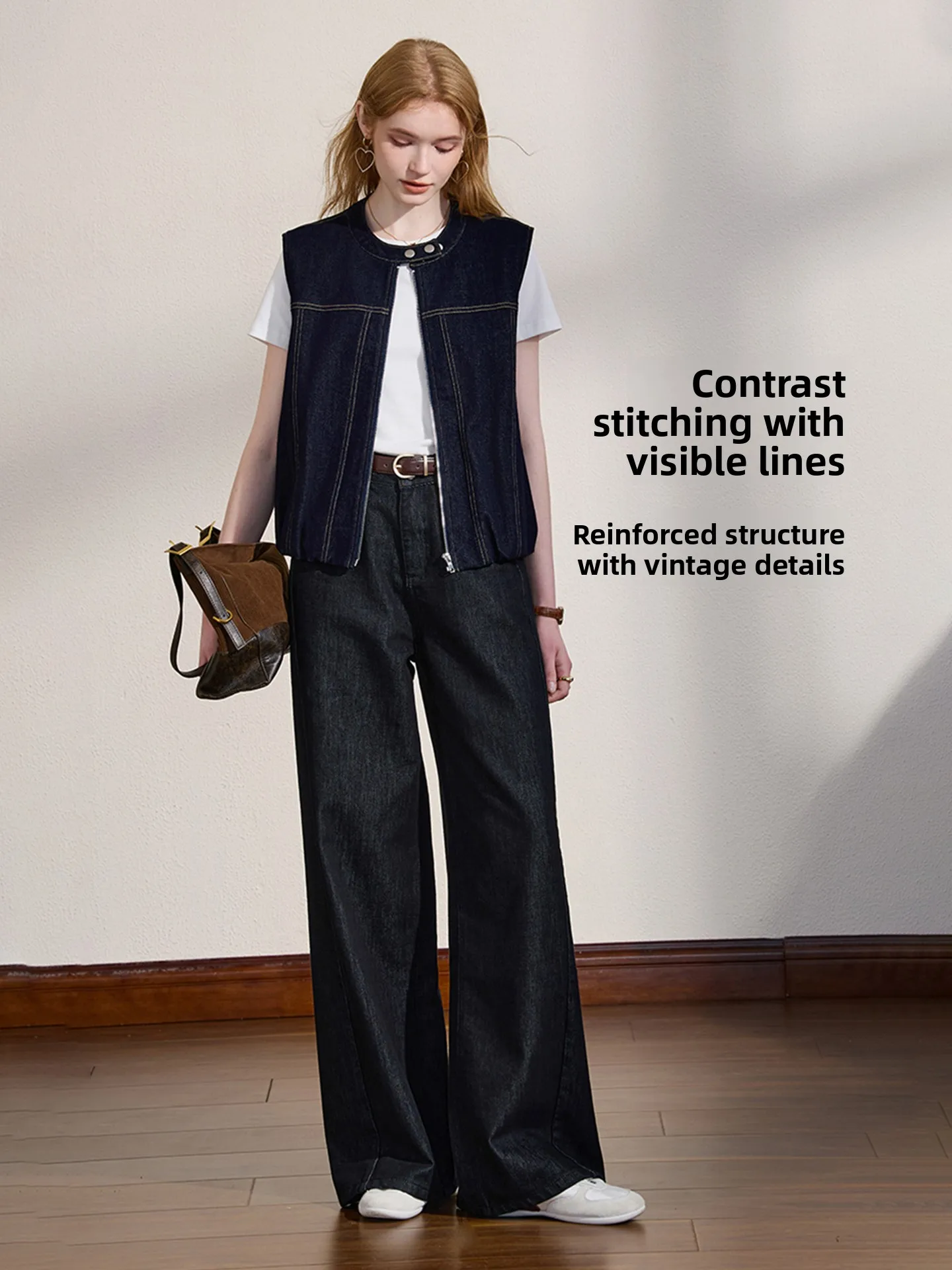 Workwear Style Zipper Denim Vest Autumn Layering Stand Collar Washed Student Top KUHNMARVIN Breathable Casual Outerwear