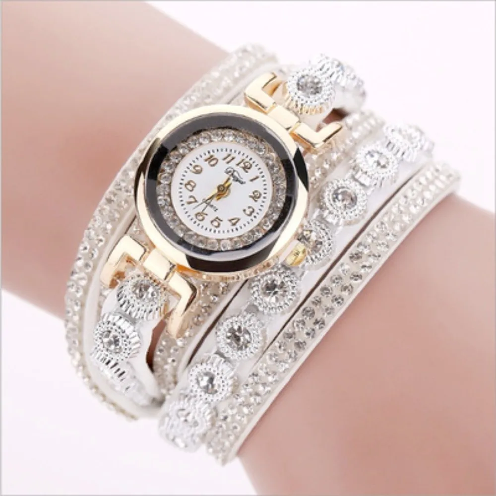 High Quality PU Leather Round Watch Quartz With Diamond Bracelet Watches Alloy Quartz Wrist Watches