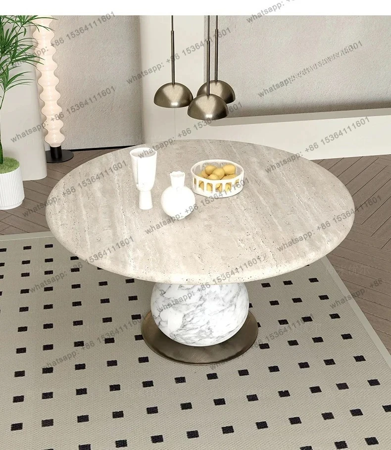

yj21 Medieval natural marble round dining table light luxury high sense household light luxury French travertine table