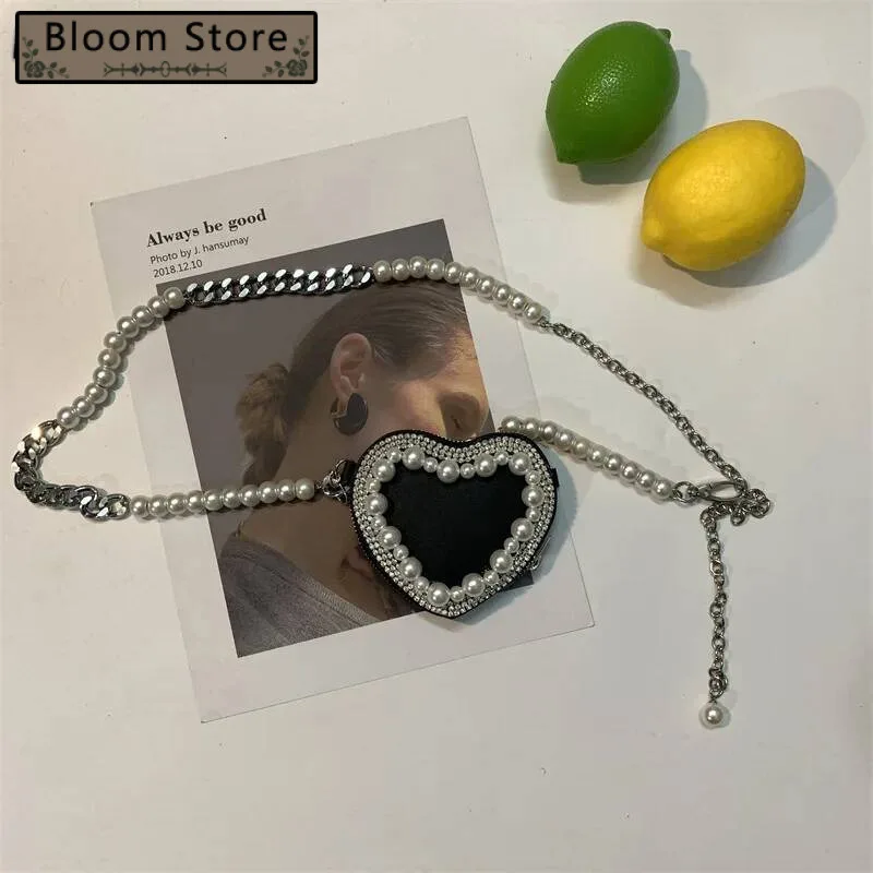 Y2k Aesthetic Sweet Pearl Chain Heart Handbags All Match Chic Fashion Mini Bags Korean Trendy Casual Design Waist Packs