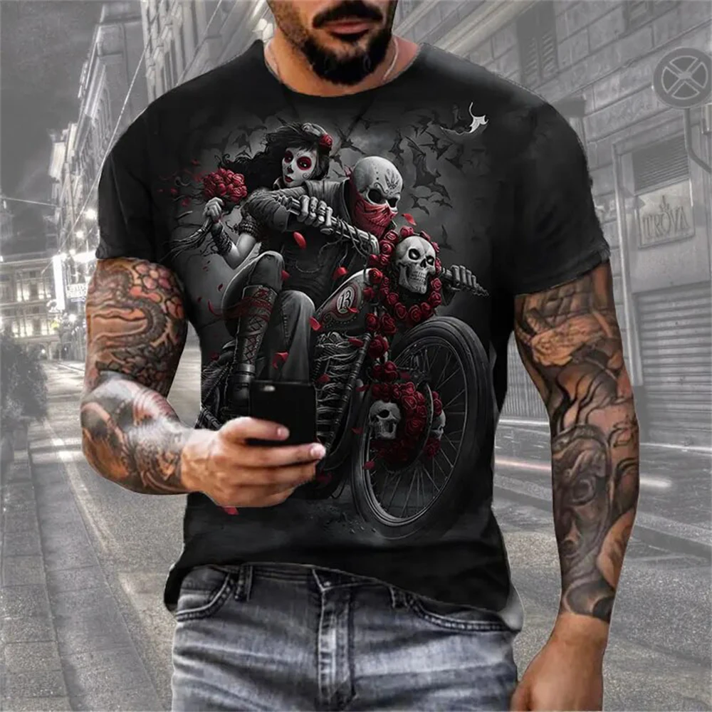 

Men's T-Shirts 3D Skull Printed Black Streetwear Short Sleeve Round-Neck Horror Halloween Man Tops Loose Gothic Round-Neck Tees