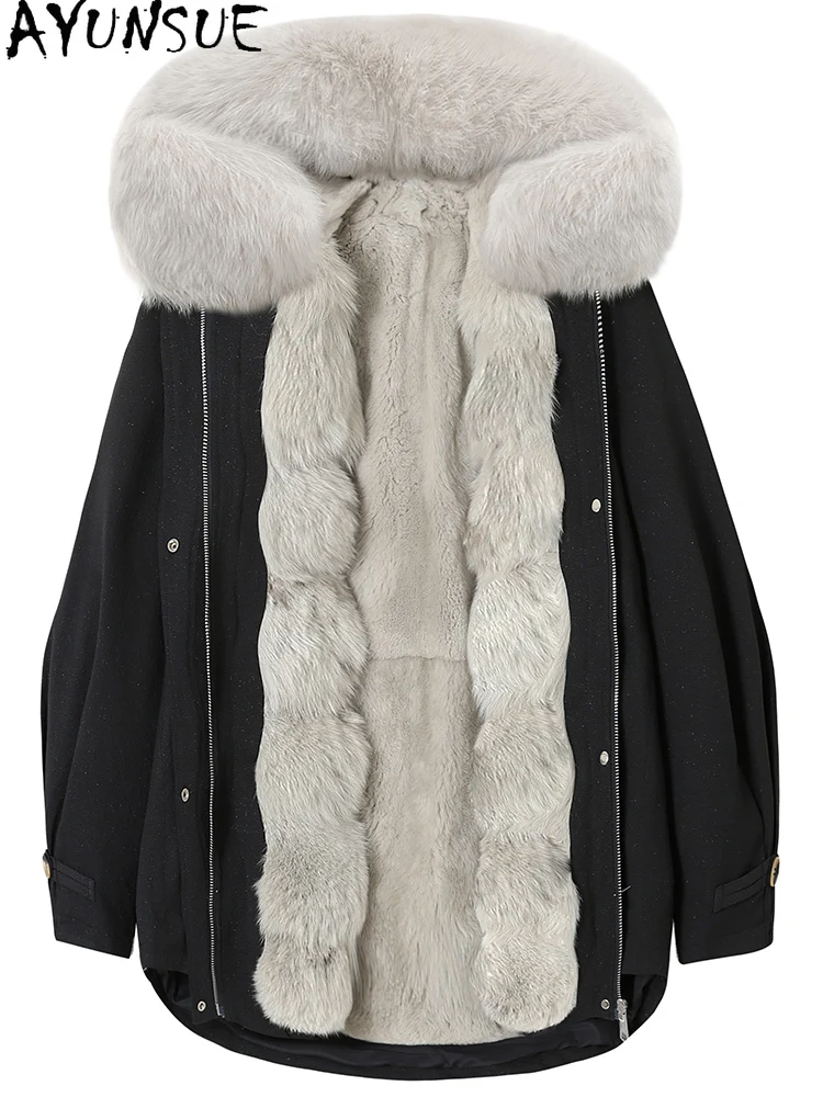 معطف فرو أرنب ريكس من AYUNSUE 2025 سترة من الفرو الحقيقي ملابس شتوية للنساء بياقة من فرو الثعلب الدافئ معاطف نسائية بقلنسوة Ojzt Жengarško