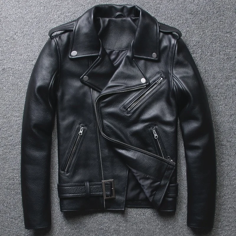 

Motorcycle Winter Black Cowhide Leather Jacket Men Short Slim Genuine Real Cow Leather Biker Coat Male Fashion Outerwear