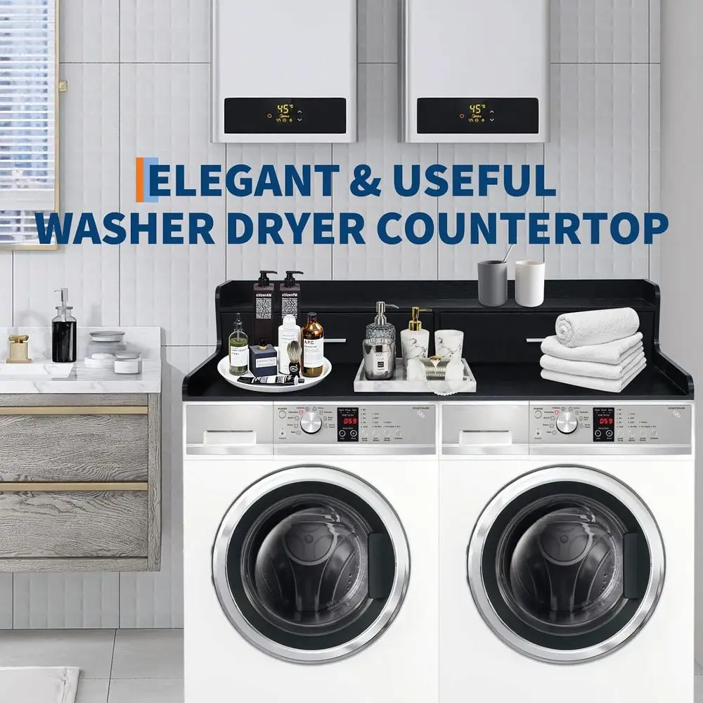 Encimera para lavadora secadora de 2 niveles con 2 cajones, encimera de madera para lavandería con rieles de borde de 2,75 H, cubierta impermeable para lavadora secadora con ingenio