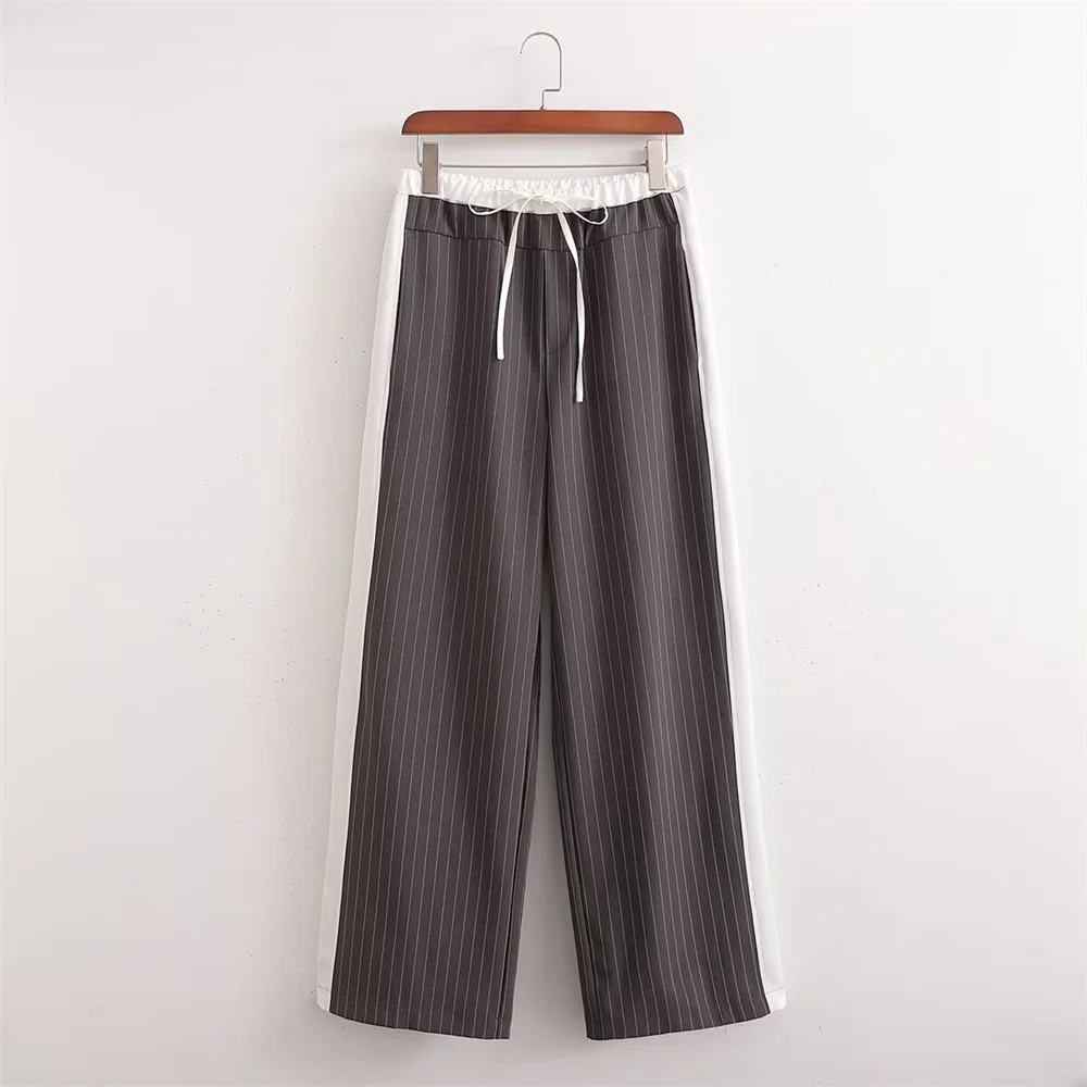 Zach Ailsa 2024 Summer New Product Women\'s Fashion Loose Casual Stripe Spliced Elastic Waist Straight Leg Pants