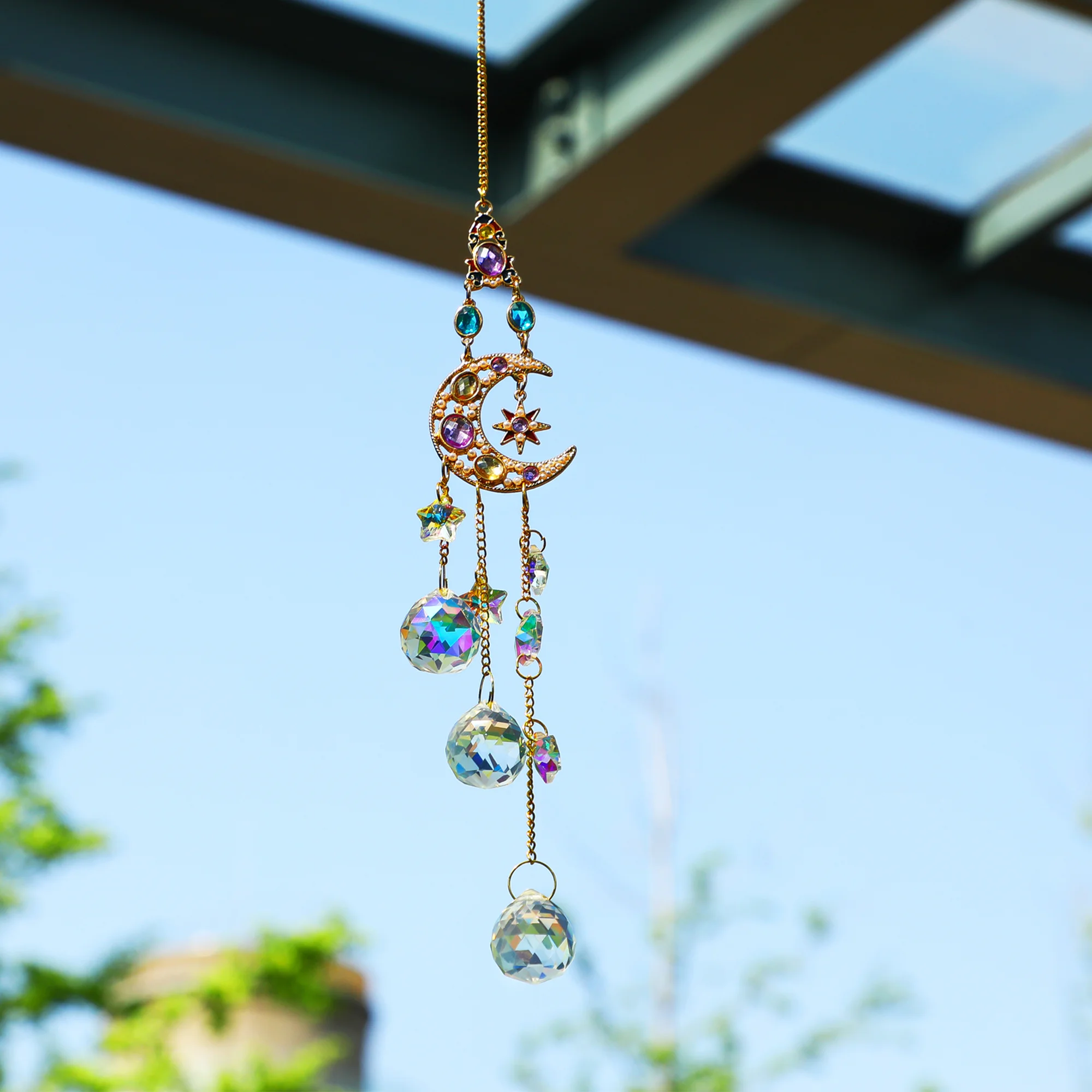 

H&D Handmade Crystal Moon&Star Prisms Suncatchers, Glass Window Hanging Ornament, Rainbow Rhinestones Decor for Home Garden