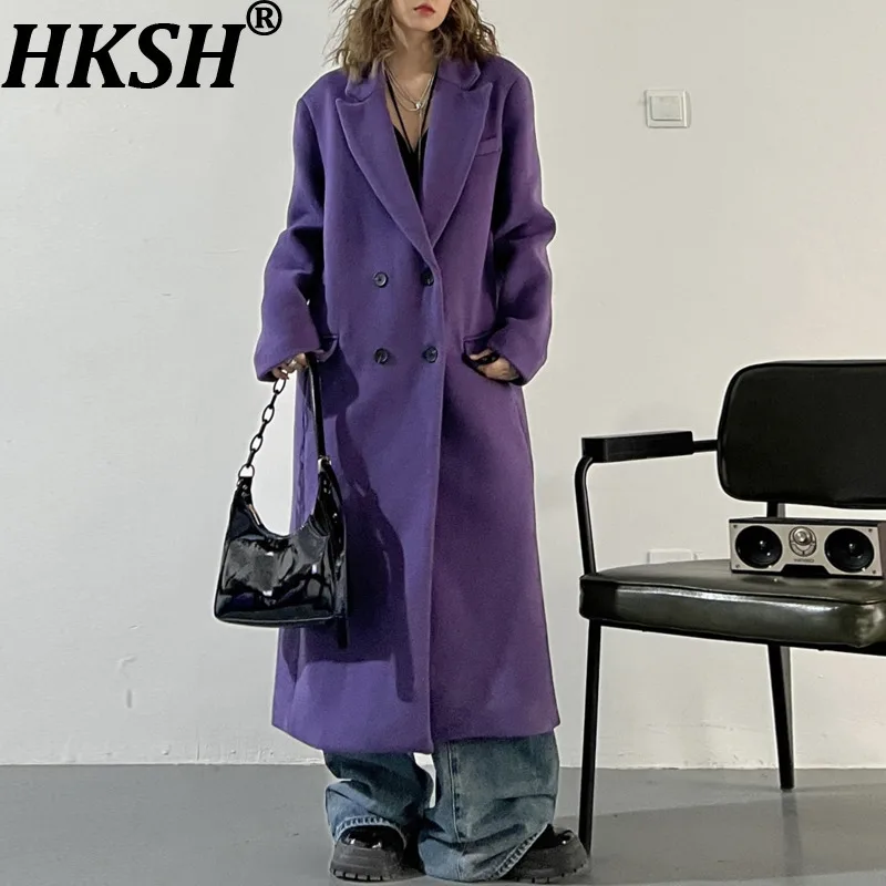 

HKSH Autumn Winter New Woman Long Blazer Notched Collar Double Breasted Shoulder Office Lady Elegant Ins Woolen OverCoat HK14937