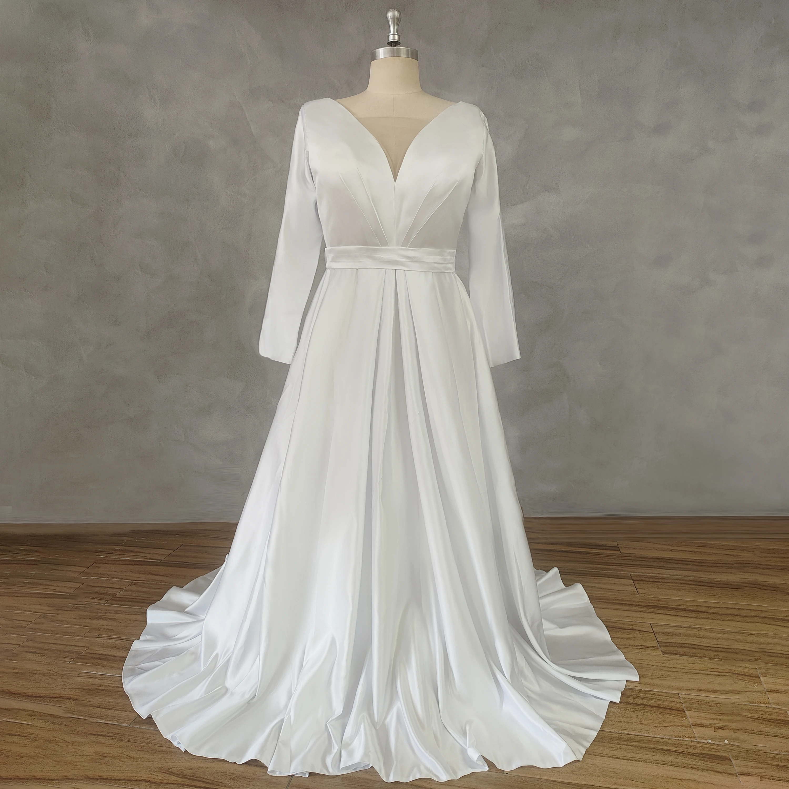 

DIDEYTTAWL Real Picture Simple V-Neck Long Sleeves A-Line Wedding Dress For Women Simple Satin Back Sweep Train Bridal Gown