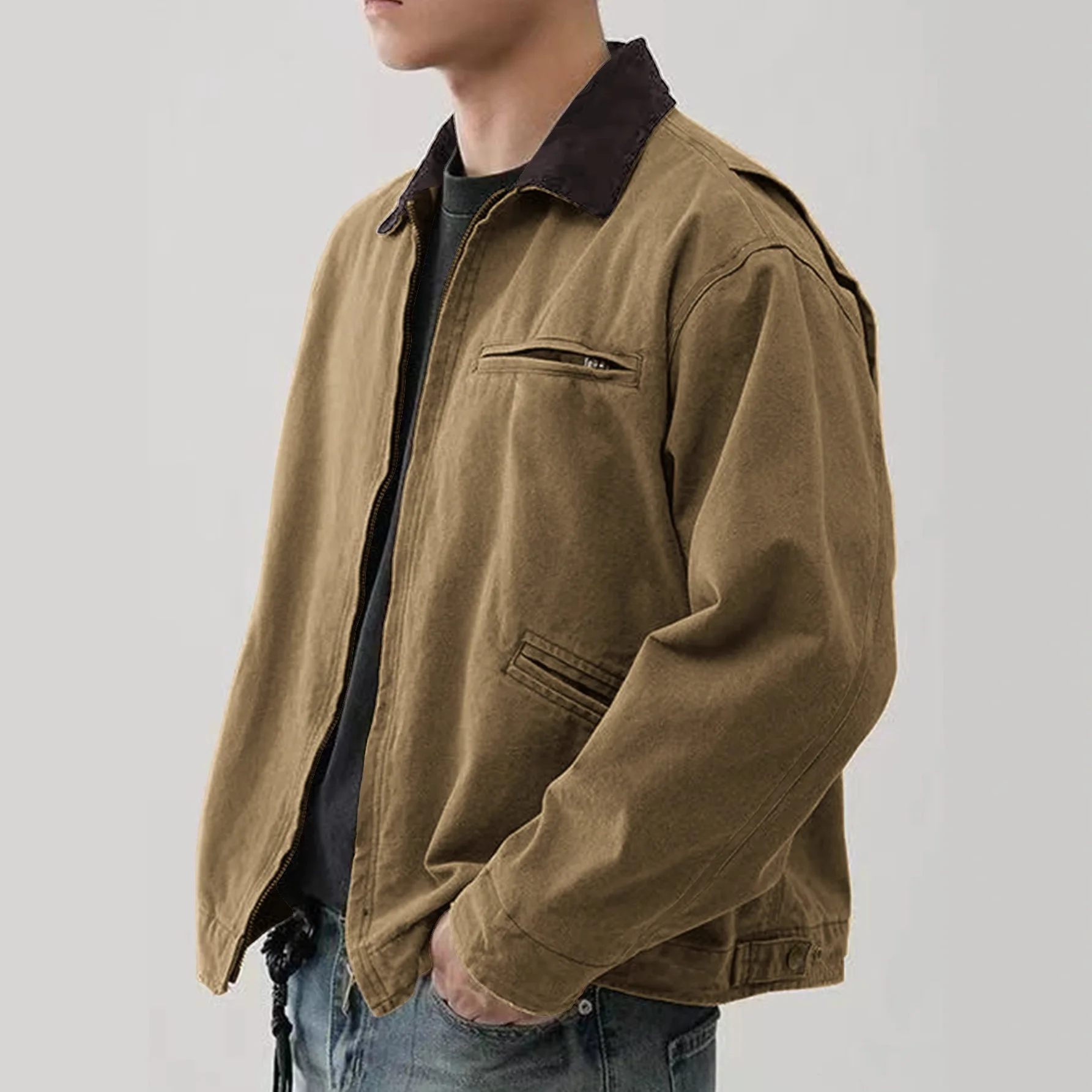 

Men's Tooling Wash Jacket 2026 Spring and Autumn Lapel Jacket Detroit Zip Jacket