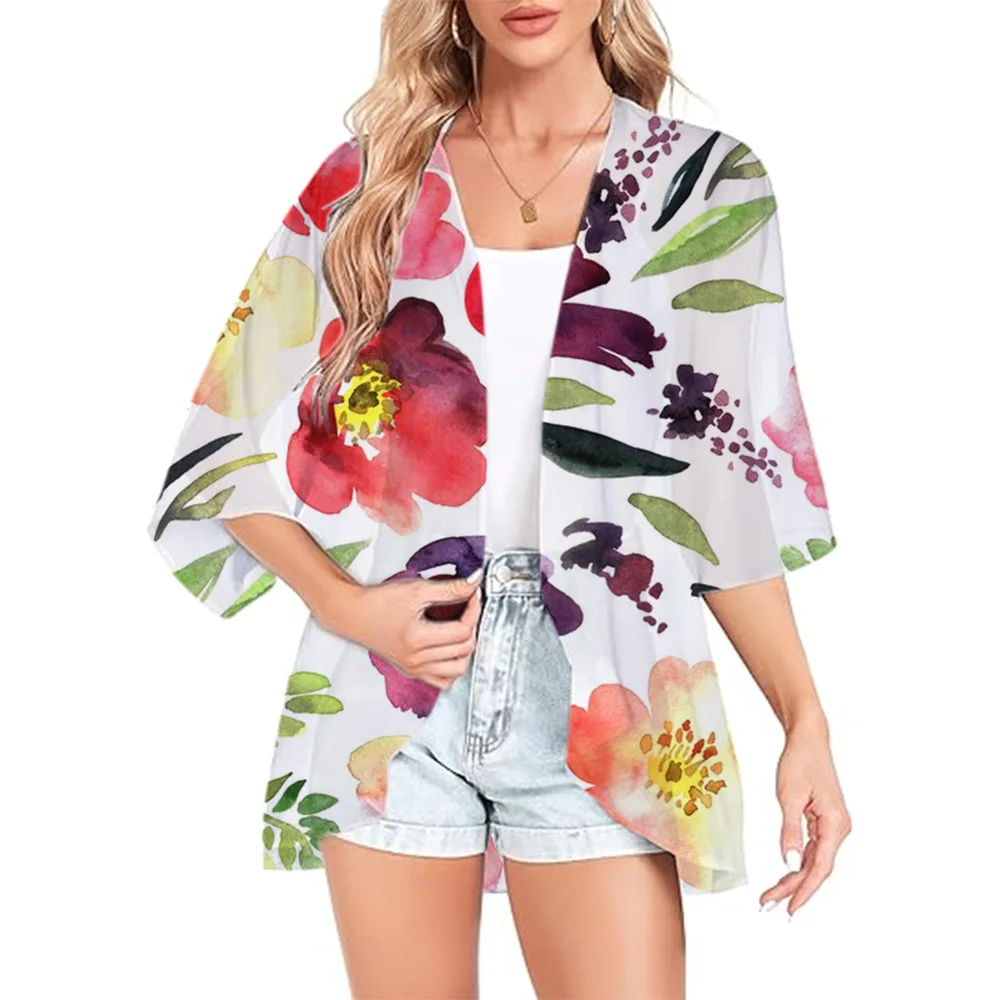 Kimono Blouse Multicolors Women Chiffon Floral Kimono Cardigan Loose Half Sleeve Shawl Capes Boho Bohemia Print Cover Up Beach