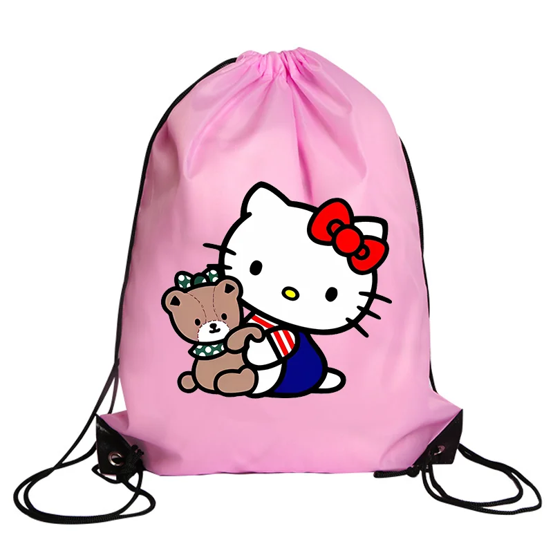 Hello Kitty Drawstring Bag Sports Waterproof Backpack Bundle Pocket Cartoon Anime Terylene Basketball Bags Birthday Cute Gift