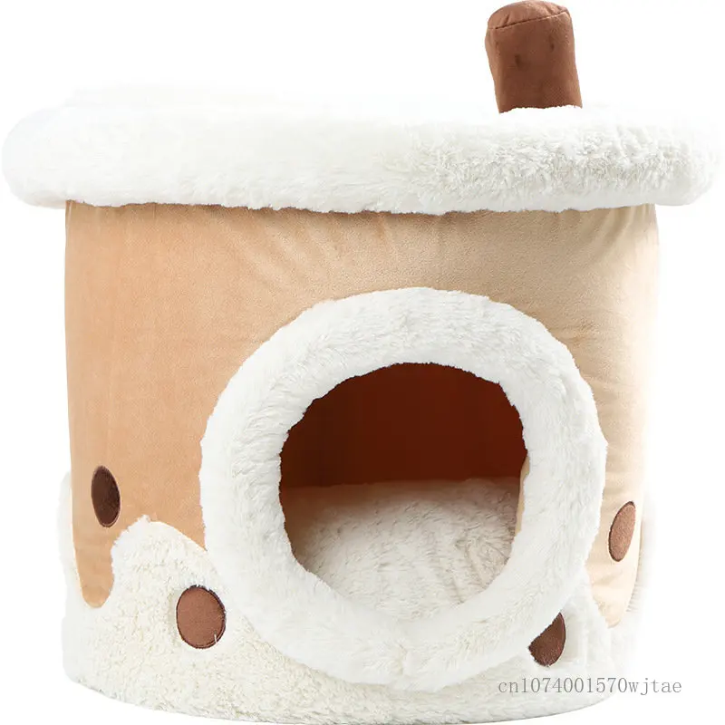 One Nest Dual-Use Milk Tea Coffee Cup Shaped Cat Nest, Fully closed, Warm, Winter, Thickened, Small Dog, Teddy Kennel, Pet